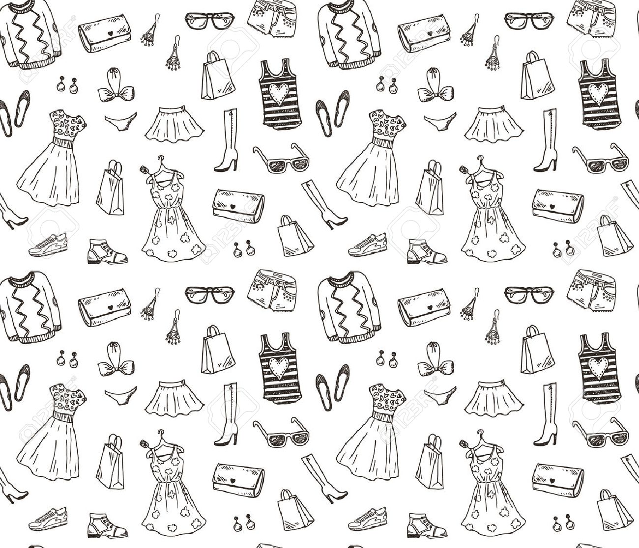 Women clothes and accessories, hand drawn doodle seamless pattern - 41724922 Women clothes and accessories, hand drawn doodle seamless pattern - 41724922