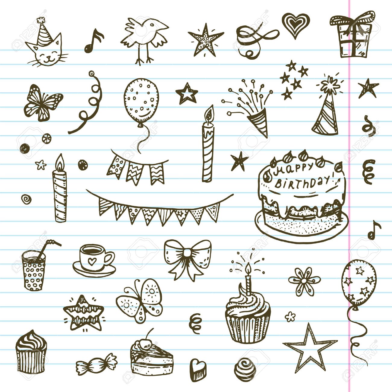 Birhday Elements Hand Drawn Regle Avec Un Gateau D Anniversaire Ballons Cadeaux Et Les Attributs De Fete Enfants Dessin Collection Doodle Clip Art Libres De Droits Vecteurs Et Illustration Image