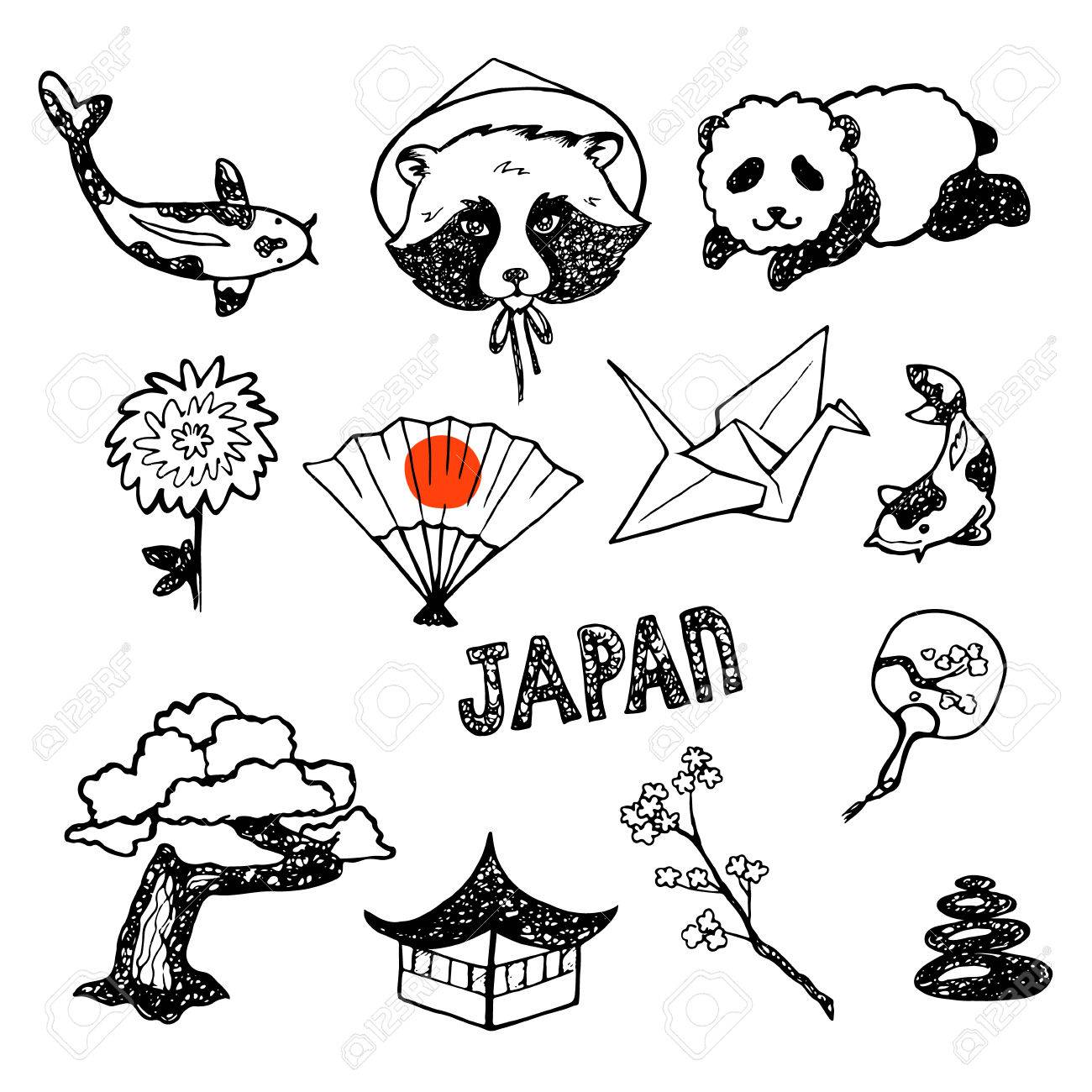 The Set Of Elements Of Japanese Culture Hand Drawn Vector Icons Collection Stock Vector The Set Of Elements Of Japanese Culture Hand Drawn Vector Icons Collection Stock Vector