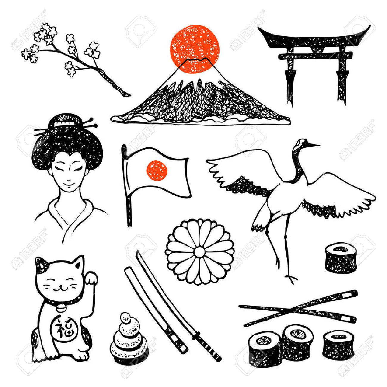 The Set Of Elements Of Japanese Culture Hand Drawn Vector Icons Collection Stock Vector The Set Of Elements Of Japanese Culture Hand Drawn Vector Icons Collection Stock Vector