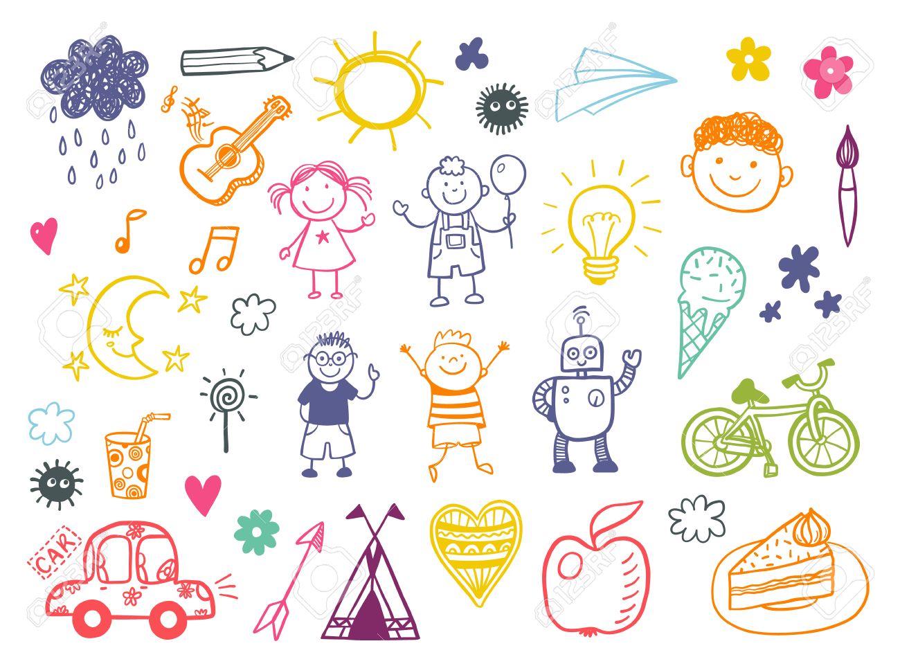 felices los niños doodle conjunto dibujos infantiles ilustraciones
