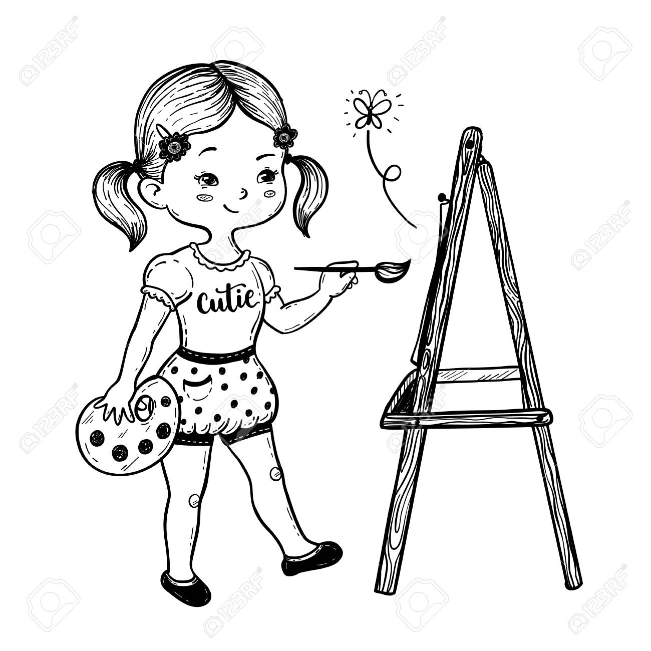 vector illustration of a cute little girl drawing behind an easel