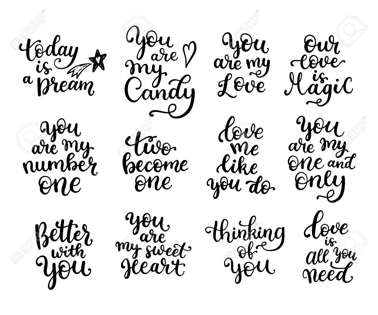 バレンタインデーのデザインへの愛についての黒と白の手書きの手紙のフレーズの大きなセット のイラスト素材 ベクタ Image