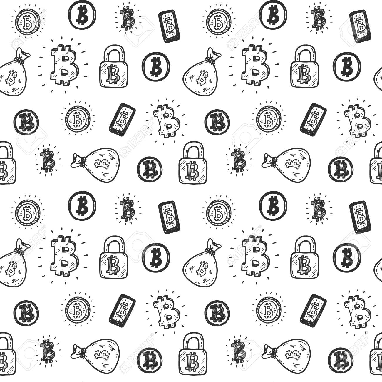 손으로 그려진 된 낙서 비트 코인 아이콘으로 원활한 패턴 로열티 무료 사진, 그림, 이미지 그리고 스톡포토그래피. Image  94982380