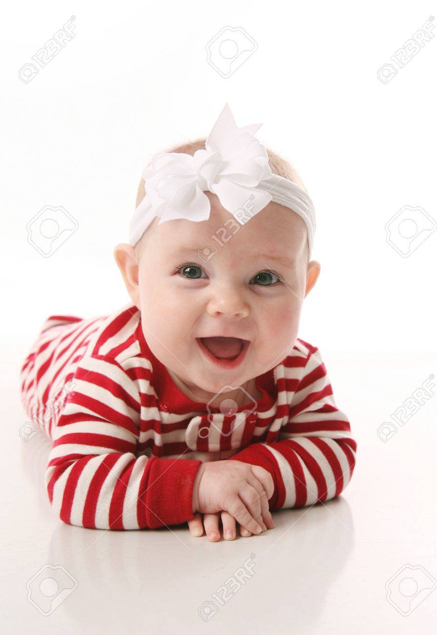 Cute Baby Wearing Christmas Pajamas Lying On Tummy Isolated Stock