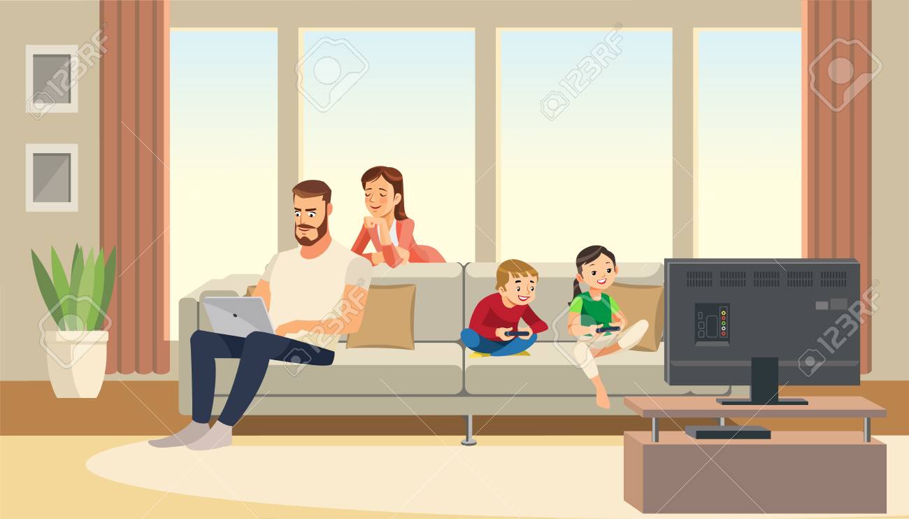 家の家族は 母親は父親を気にし 子供たちはテレビでゲーム機をプレイしています のイラスト素材 ベクタ Image