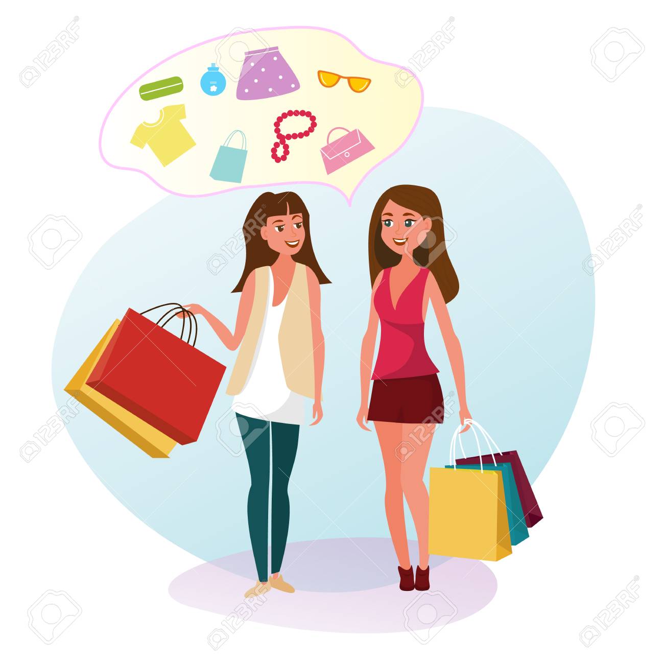 The Concept Girlfriends Shopping In The Style Shop Vector Illustration Of Cartoon Two Girlfriends Are Discussing The Purchase Of Accessories For Clothes Girls Isolated On White Background Royalty Free Cliparts Vectors And