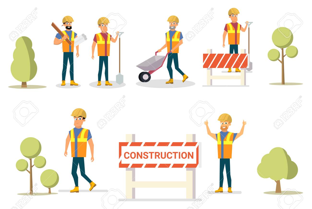Vector Illustration Cartoon Set Builder Group. Group Construction Site  Workers, Trees. Isolated On White Background. Set Male Builders In Uniform.  Construction Tools For Work In Enterprise Building. Royalty Free SVG,  Cliparts, Vectors,, image size:1300x873