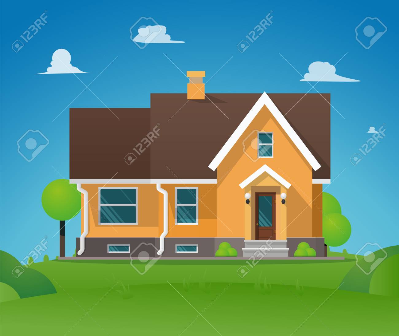 Vector Illustration Cartoon Residential Townhouse. Image Townhouse  Background Blue Sky. Concept Life Outside Metropolis. Small Wooden House  For Outdoor Living. Growing Trees Around House Royalty Free SVG, Cliparts,  Vectors, and Stock Illustration., image size:1300x1093