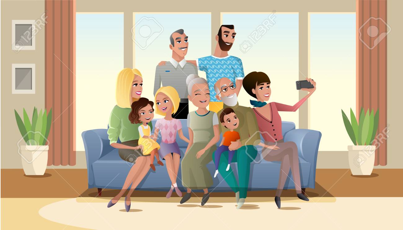 Happy Smiling Big Family Members Gathered Together At Home, Sitting On Sofa  In Living Room, Making Selfie Photo, Shooting Group Portrait Of Three  Generations On Cellphone Cartoon Vector Illustration 免版税剪贴画，向量插图和库存图片.  Image 117922253, image size:1300x742