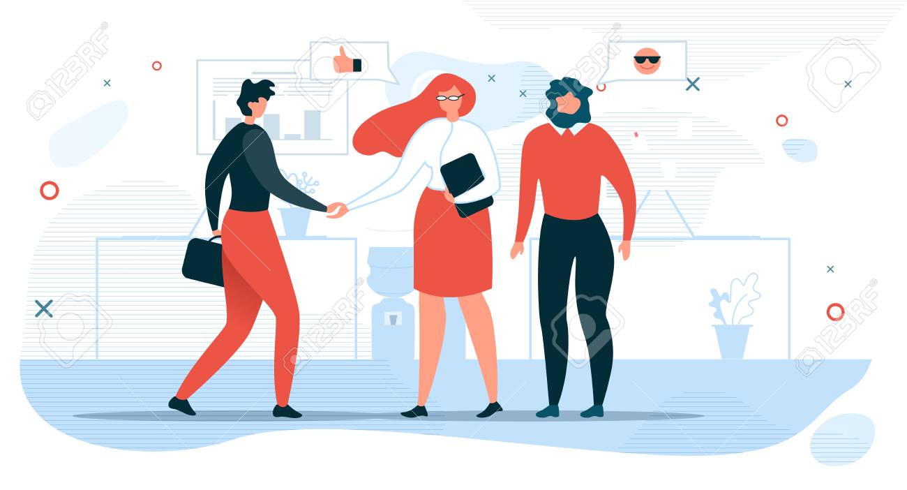 Business People Communication Flat Vector Concept with Businesswoman Shaking Hand to Partner, Company Hiring Manager Welcoming New Employee Illustration. Business Meeting for Negotiations in Office - 124790143 Business People Communication Flat Vector Concept with Businesswoman Shaking Hand to Partner, Company Hiring Manager Welcoming New Employee Illustration. Business Meeting for Negotiations in Office - 124790143
