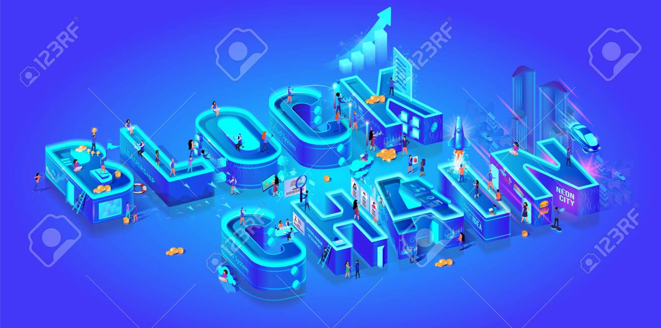 비트코인 채굴을 위한 블록체인 아이소메트릭 3d 단어 암호화폐 아이디어 팜 디지털 머니 마켓 투자 금융 및 미니어처 캐릭터 거래는 네온  스마트 시티 벡터 일러스트레이션에 살고 있습니다. 로열티 무료 사진, 그림, 이미지 그리고