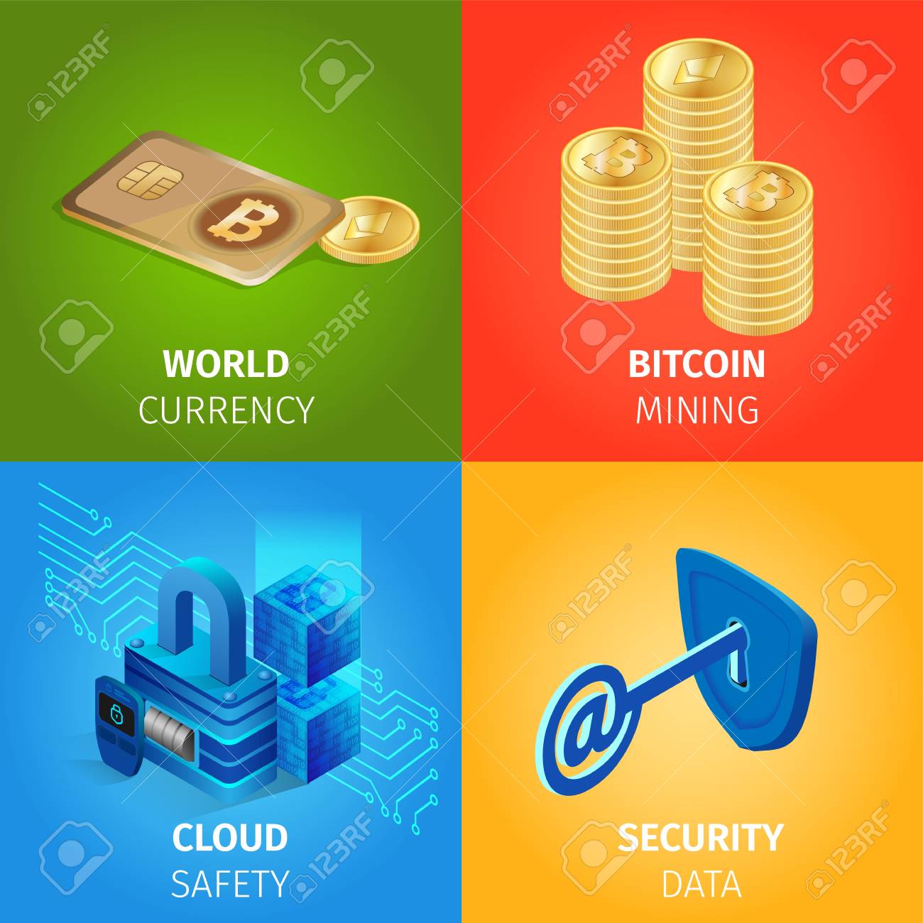 Moeda Mundial, Mineração De Bitcoin, Segurança Em Nuvem, Banners Quadrados  De Dados De Segurança Definidos Em Fundo Gradiente Colorido. Neo  Tecnologia, Armazenamento, Dinheiro, Banco De Dados, Bloqueio E Ilustração  Vetorial Isométrica 3D