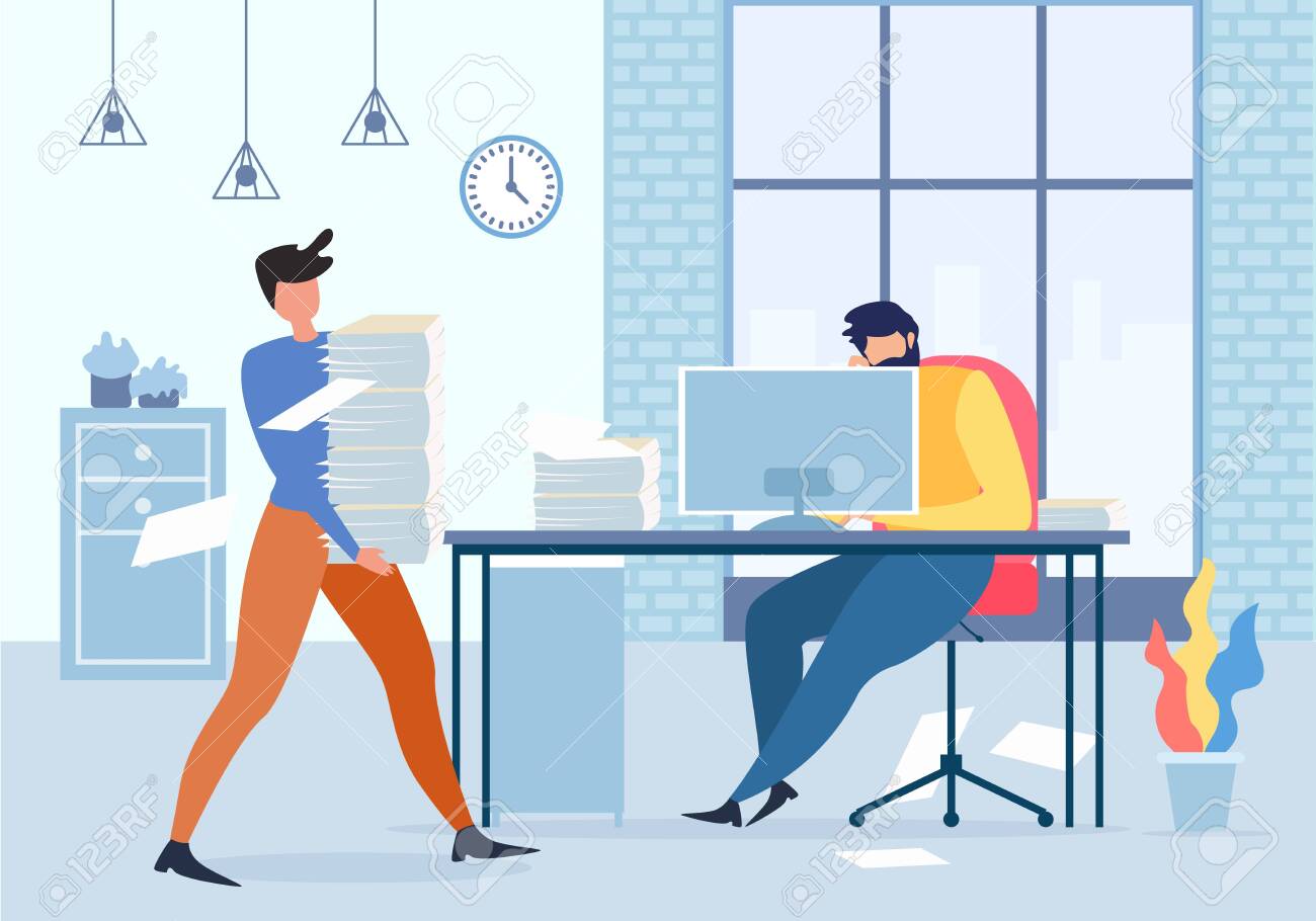 Cartoon Office Manager Holding Paper Stack, Tired Man at Computer Table Vector Illustration. Male Worker Depressed, Exhausted Hard Work, Deadline Stress, Desperate Employee, Business Trouble - 123492453 Cartoon Office Manager Holding Paper Stack, Tired Man at Computer Table Vector Illustration. Male Worker Depressed, Exhausted Hard Work, Deadline Stress, Desperate Employee, Business Trouble - 123492453