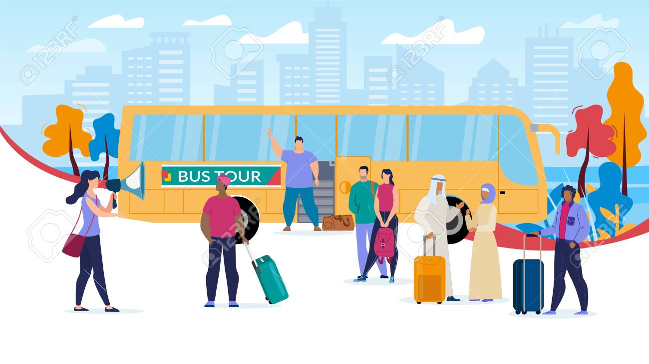 バスツアートレンディフラットベクトルコンセプトで旅行 荷物袋を持つ多国籍観光客グループ バスでの旅を待っている 女性ガイド 拡声器のイラストで話す遠足 のイラスト素材 ベクタ Image