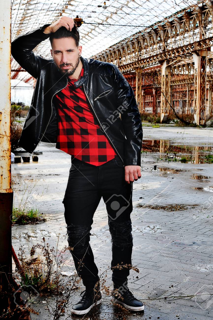 black jacket red shirt