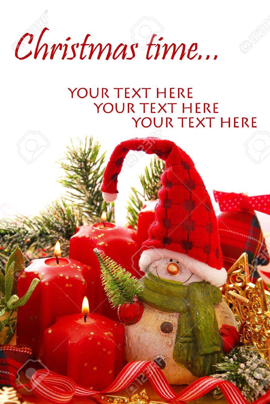 border with christmas decoration - snowman figurine and red candles in star shape - 16572666 border with christmas decoration - snowman figurine and red candles in star shape - 16572666