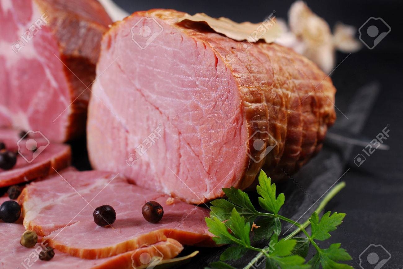 pieces of delicious homemade smoked pork ham with spices on black background - 51399824 pieces of delicious homemade smoked pork ham with spices on black background - 51399824