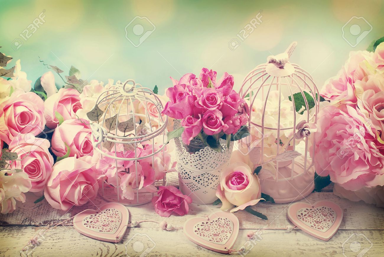 romantic vintage love background with bunches of roses, old cages and hearts - 57802139 romantic vintage love background with bunches of roses, old cages and hearts - 57802139