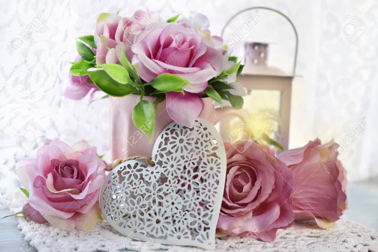 romantic decoration with hearts,roses and lanterns in shabby chic style for wedding or valentine`s day - 93533009 romantic decoration with hearts,roses and lanterns in shabby chic style for wedding or valentine`s day - 93533009