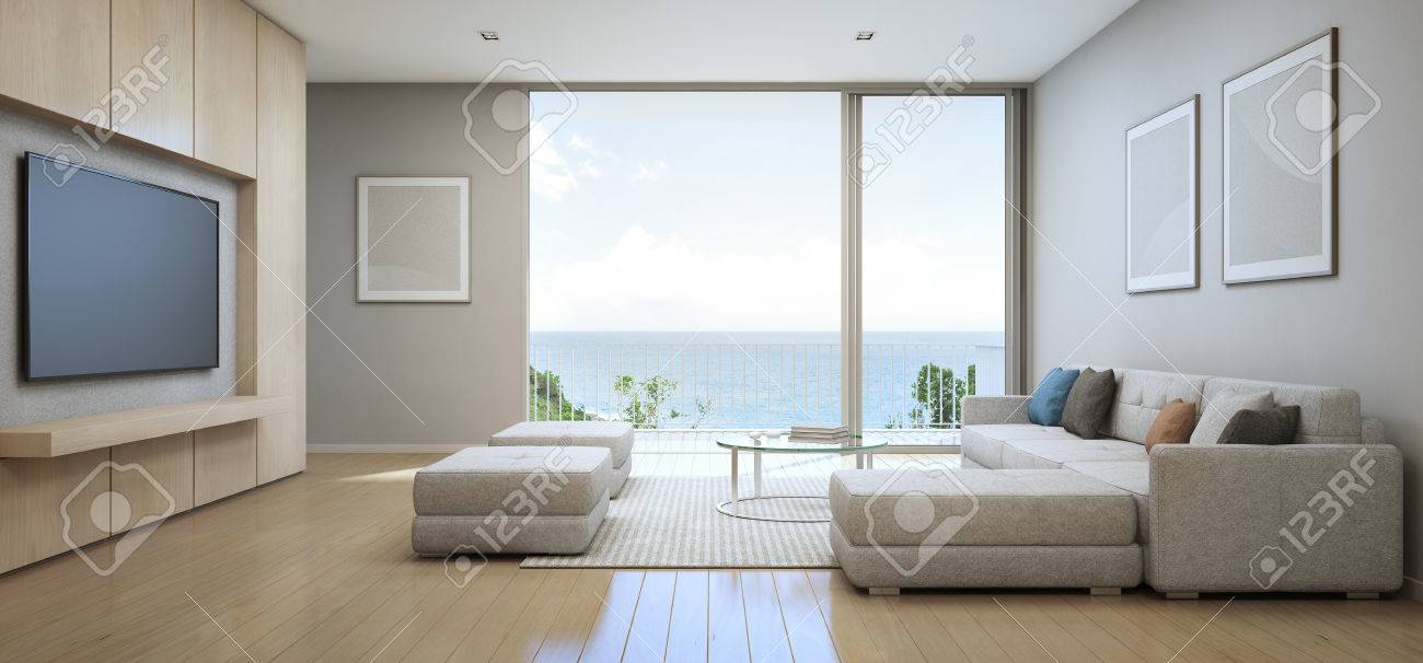 Meerblick Wohnzimmer Mit Terrasse Im Modernen Luxus-Strandhaus ... Meerblick Wohnzimmer Mit Terrasse Im Modernen Luxus-Strandhaus ...
