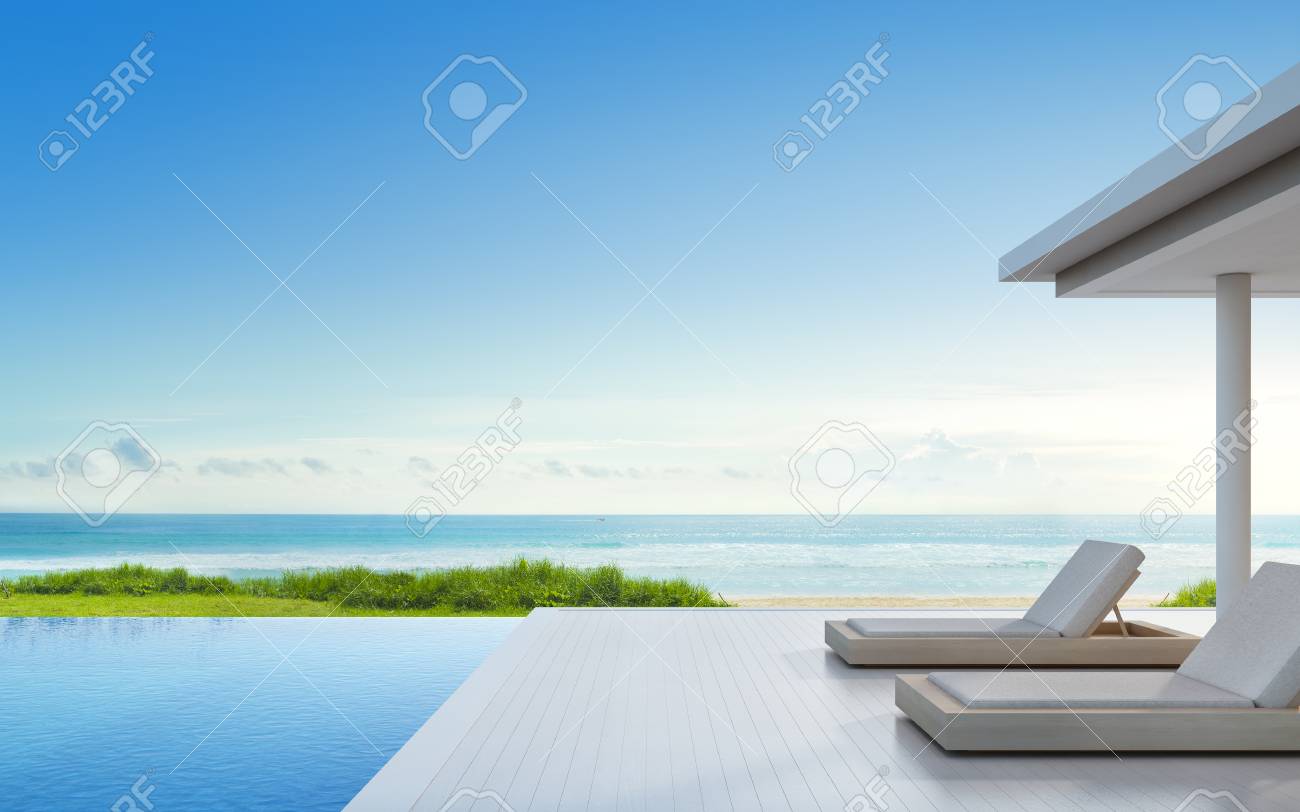 高級海の家海ビューのスイミング プールとモダンなデザイン 休暇の家のウッドデッキのサンラウン ジャーや住宅のホテル 3 D イラストでテラスを構築 の写真素材 画像素材 Image