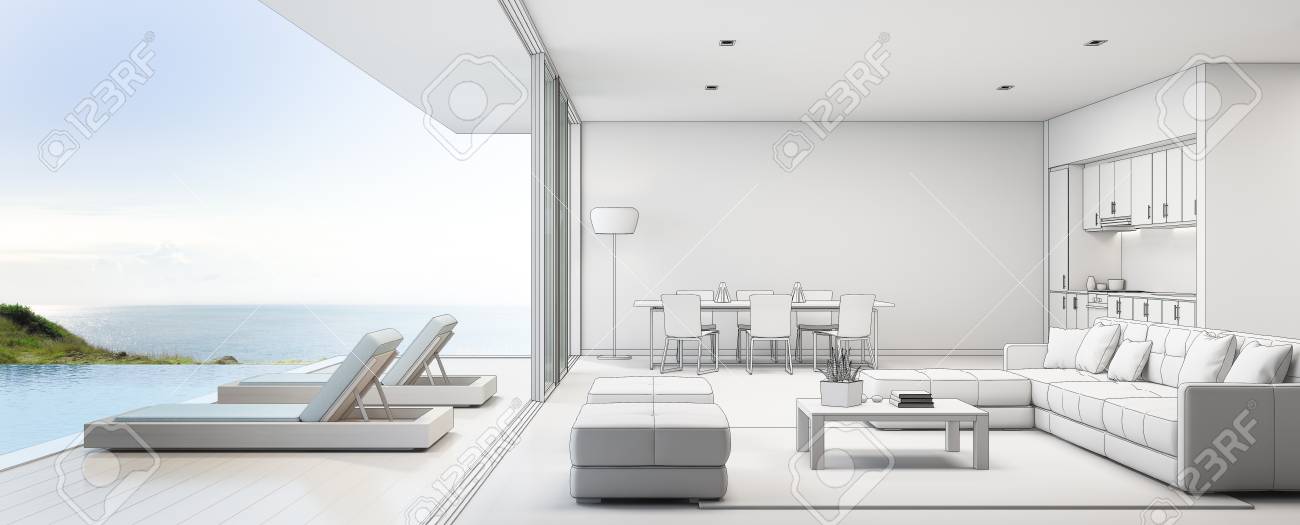 Meerblick Küche, Ess-und Wohnzimmer Von Luxus-Strandhaus Mit ... Meerblick Küche, Ess-und Wohnzimmer Von Luxus-Strandhaus Mit ...