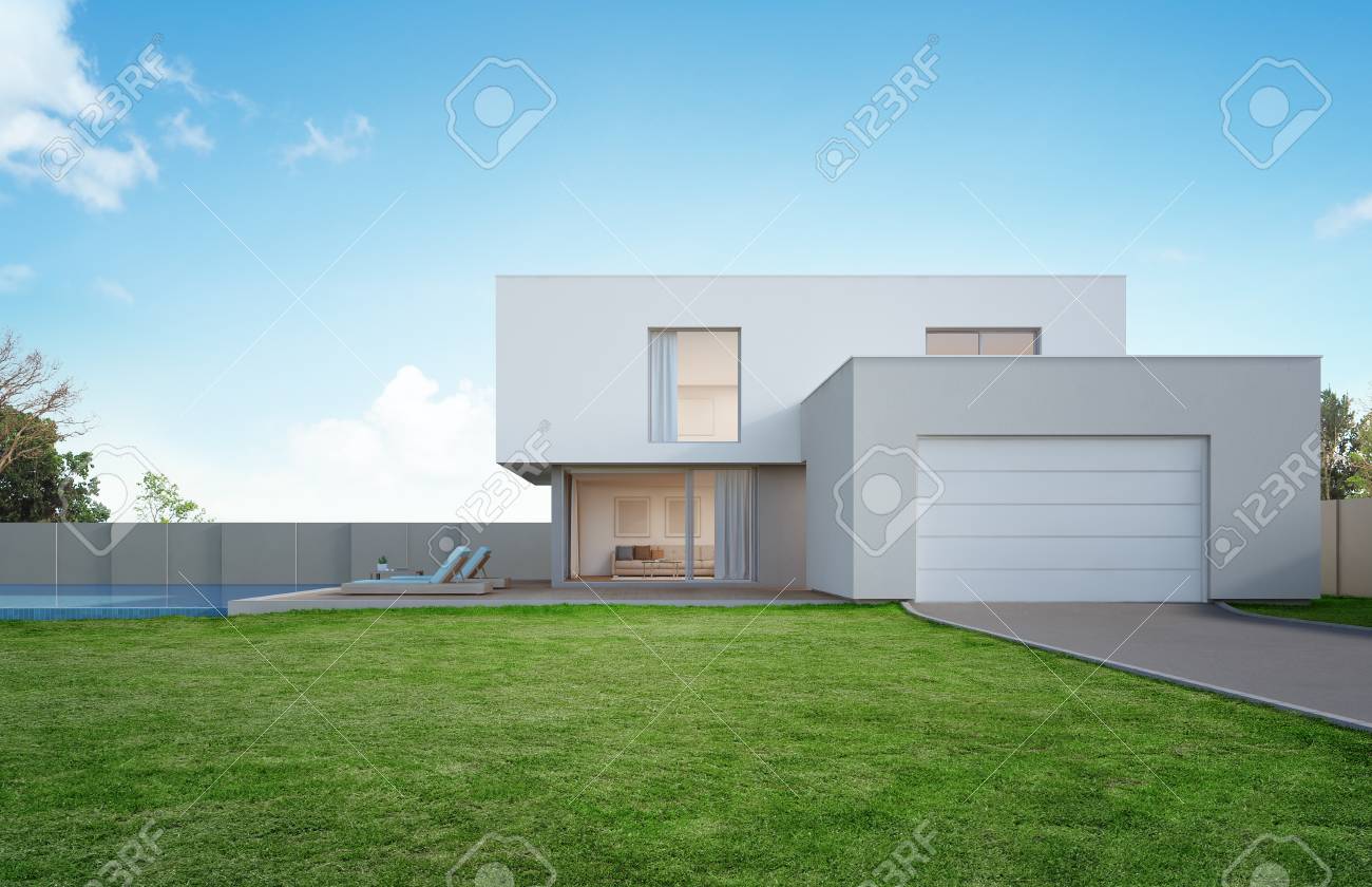 Luxury house with swimming pool and terrace near lawn in modern design, Empty front yard at vacation home or holiday villa for big family - 3d illustration of new residential building exterior - 90253384 Luxury house with swimming pool and terrace near lawn in modern design, Empty front yard at vacation home or holiday villa for big family - 3d illustration of new residential building exterior - 90253384