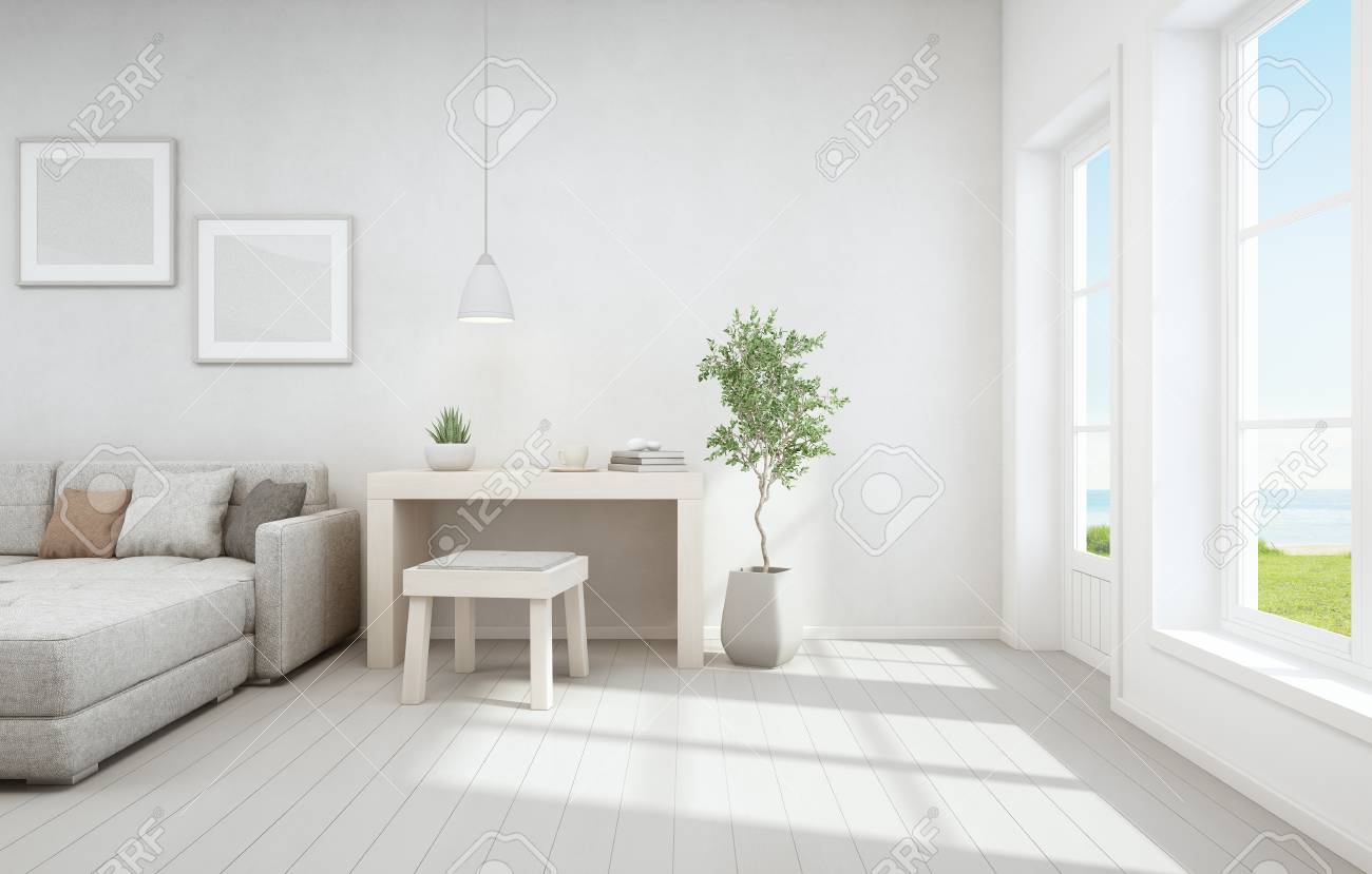 Wohnzimmer Mit Meerblick Und Kleiner Arbeitsbereich Eines Modernen