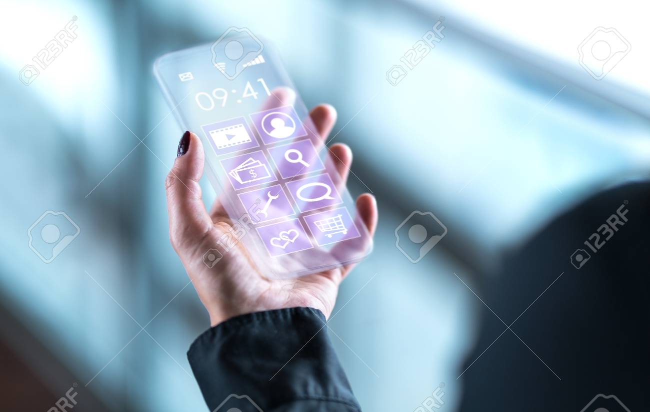 Transparent Mobile Phone. Futuristic Glass Smartphone. Cellphone With Future  Digital Technology Screen Display And Interface. Business Person Holding  Invisible Modern Smart Device. Stock Photo, Picture and Royalty Free Image.  Image 117412802., image size:1300x825