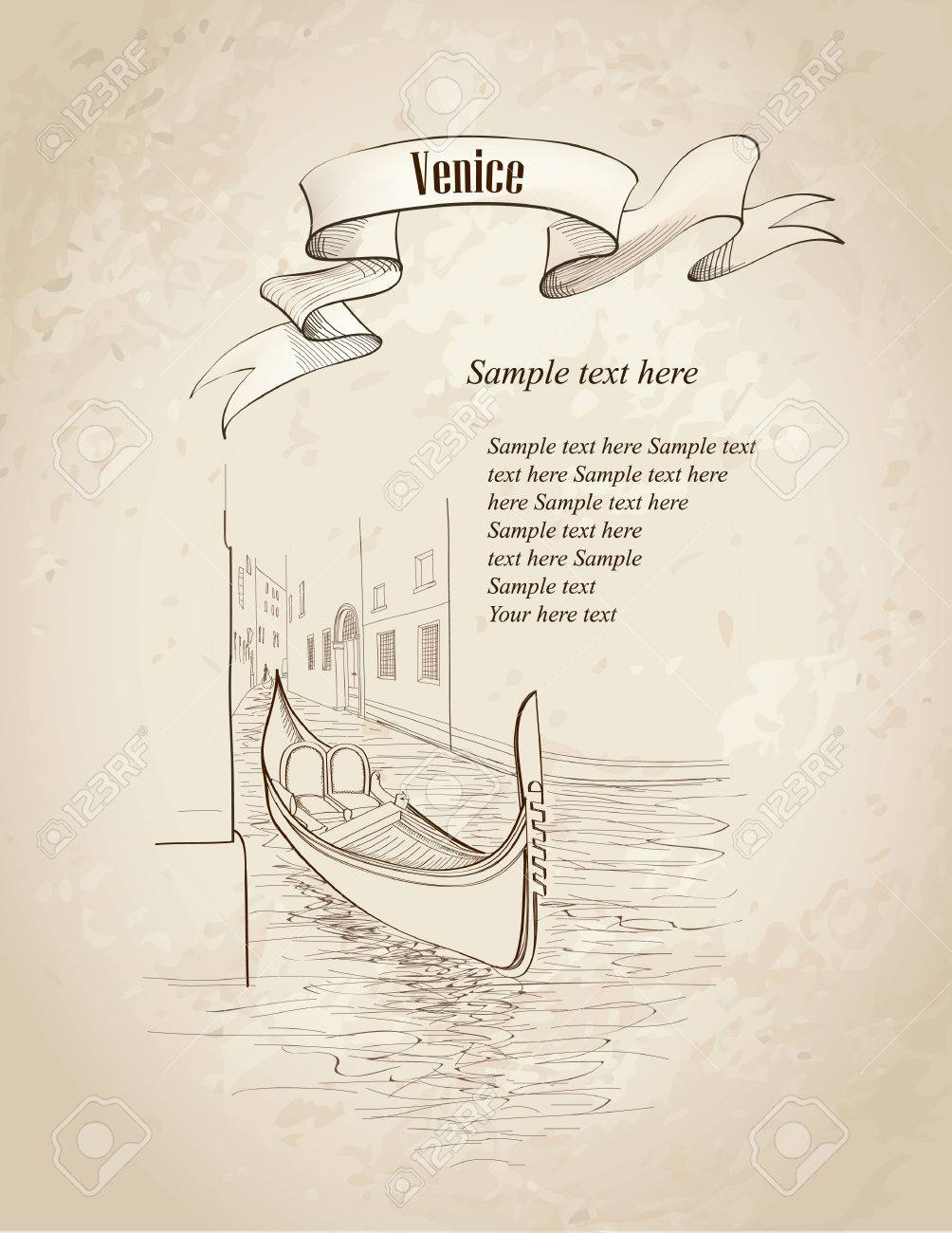 ヴェネツィアの都市景観の古代の建物とゴンドラ旅行イタリア カード昔ながらバック グラウンド コピー スペース ベクトルと運河手描き下ろしイラストの イラスト素材 ベクタ Image