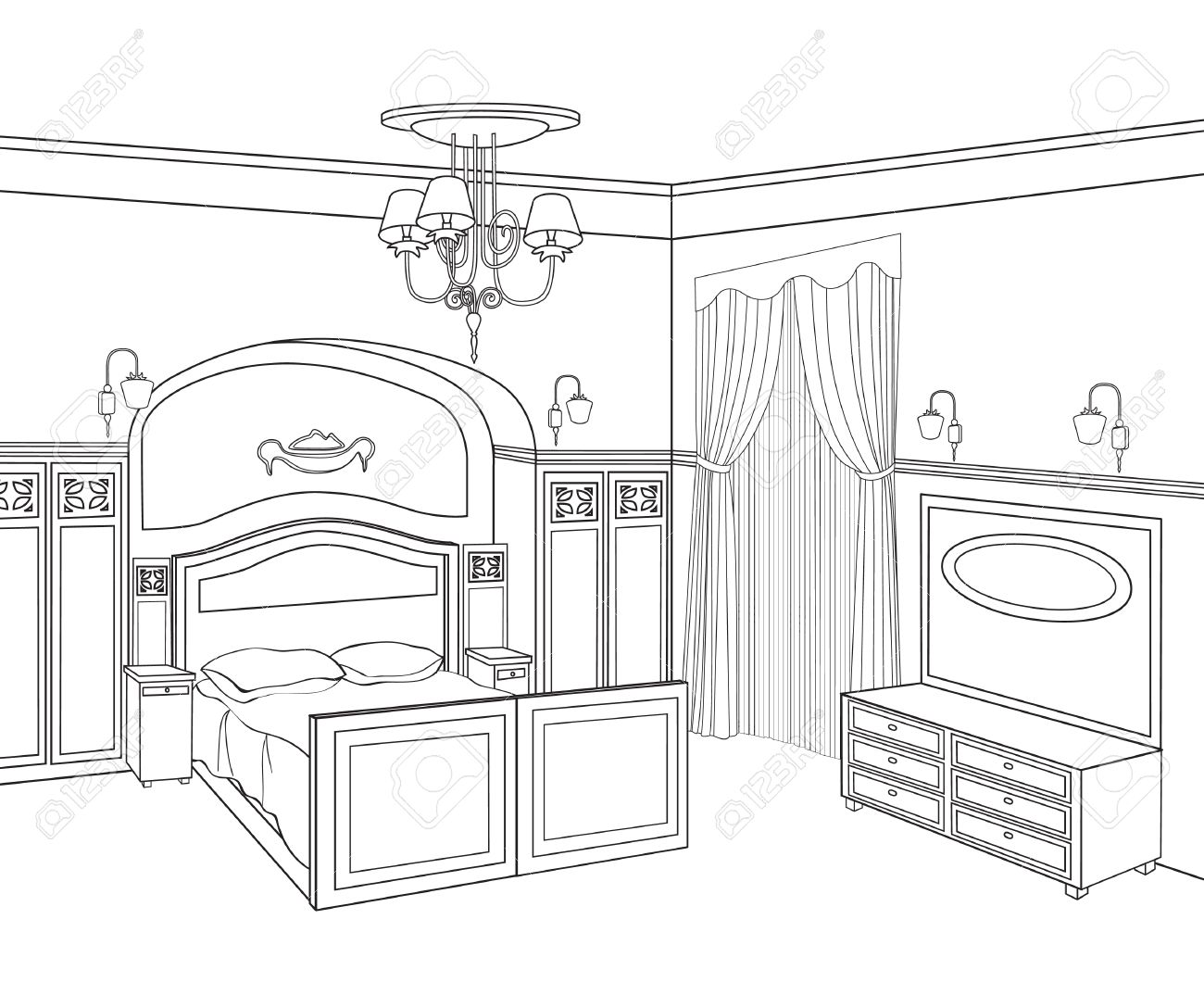 Bedroom Furniture Retro Style Room Editable Outline Sketch