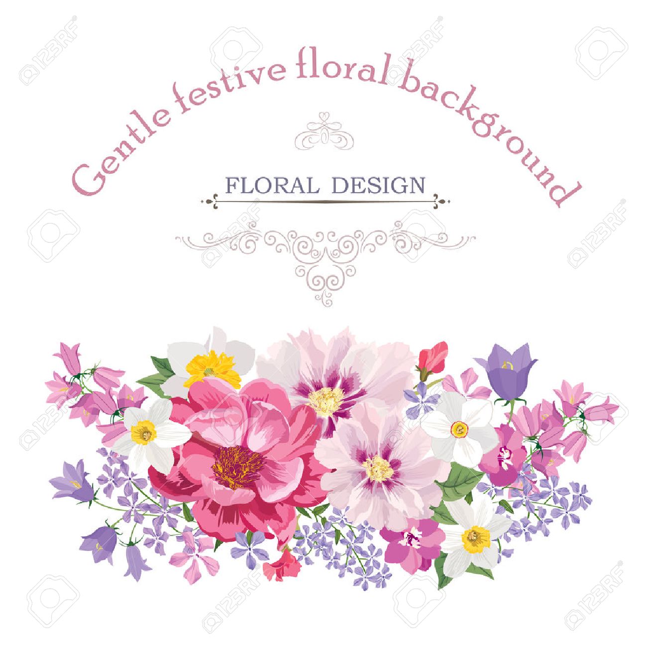 Floral frame with summer flowers. Floral bouquet with rose, narcissus, carnation, lilac and wildflower. Vintage Greeting Card with flowers. Watercolor flourish border. Floral background. - 46073574 Floral frame with summer flowers. Floral bouquet with rose, narcissus, carnation, lilac and wildflower. Vintage Greeting Card with flowers. Watercolor flourish border. Floral background. - 46073574