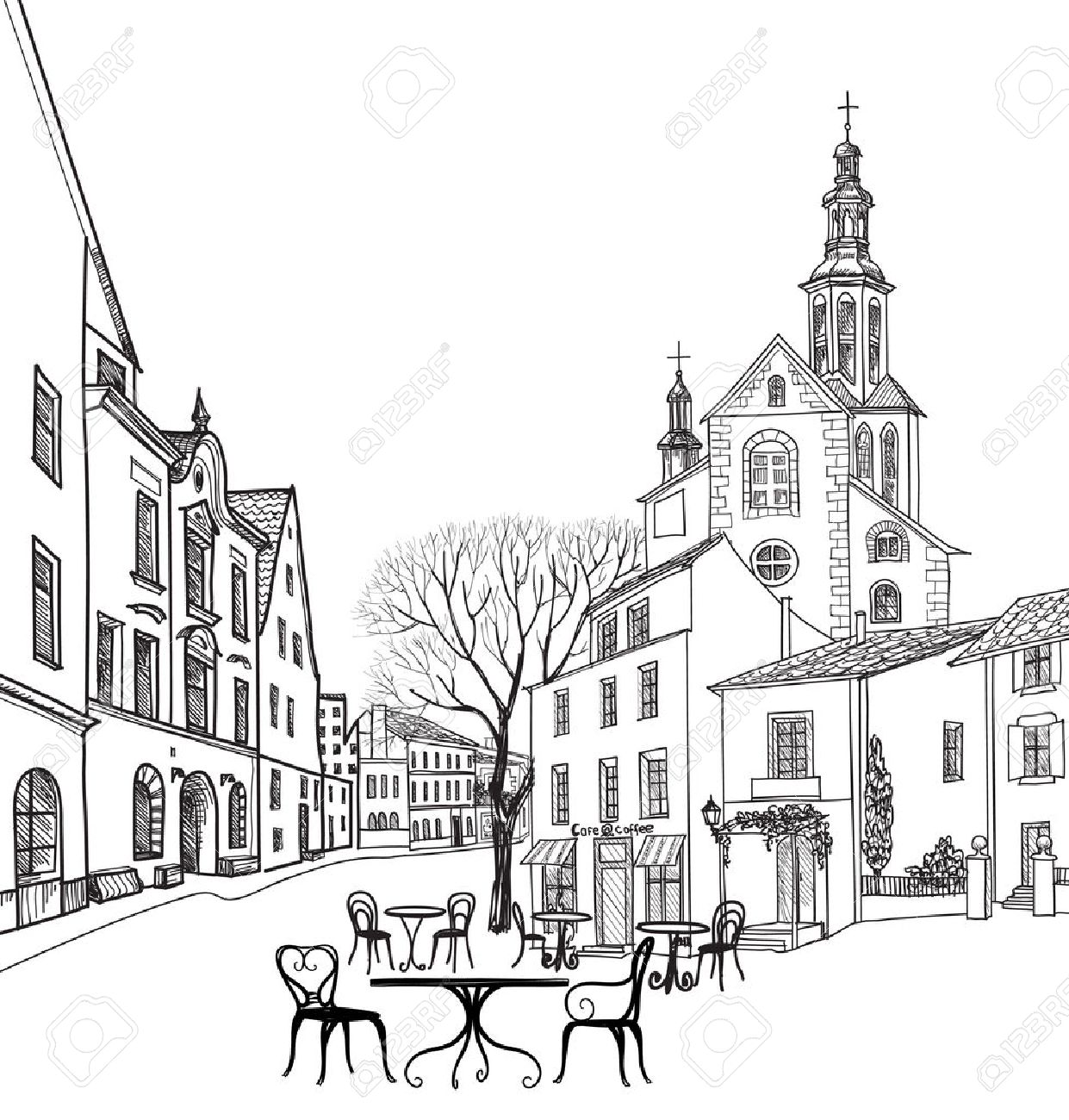 Strassenkaffee In Der Alten Stadt Cityscape Hauser Gebaude Und Baum Auf Gasse Old Blick Auf Die Stadt Mittelalterliche Europaische Burgenlandschaft Bleistift Gezeichnet Vektor Skizze Lizenzfrei Nutzbare Vektorgrafiken Clip Arts Illustrationen