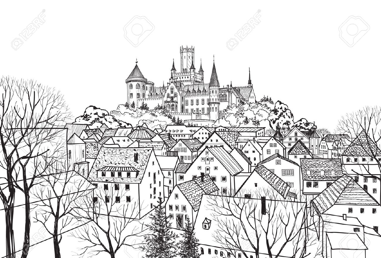 Old city view with castle on background. Medieval european castle landscape. Pencil drawn vector sketch - 58085746 Old city view with castle on background. Medieval european castle landscape. Pencil drawn vector sketch - 58085746