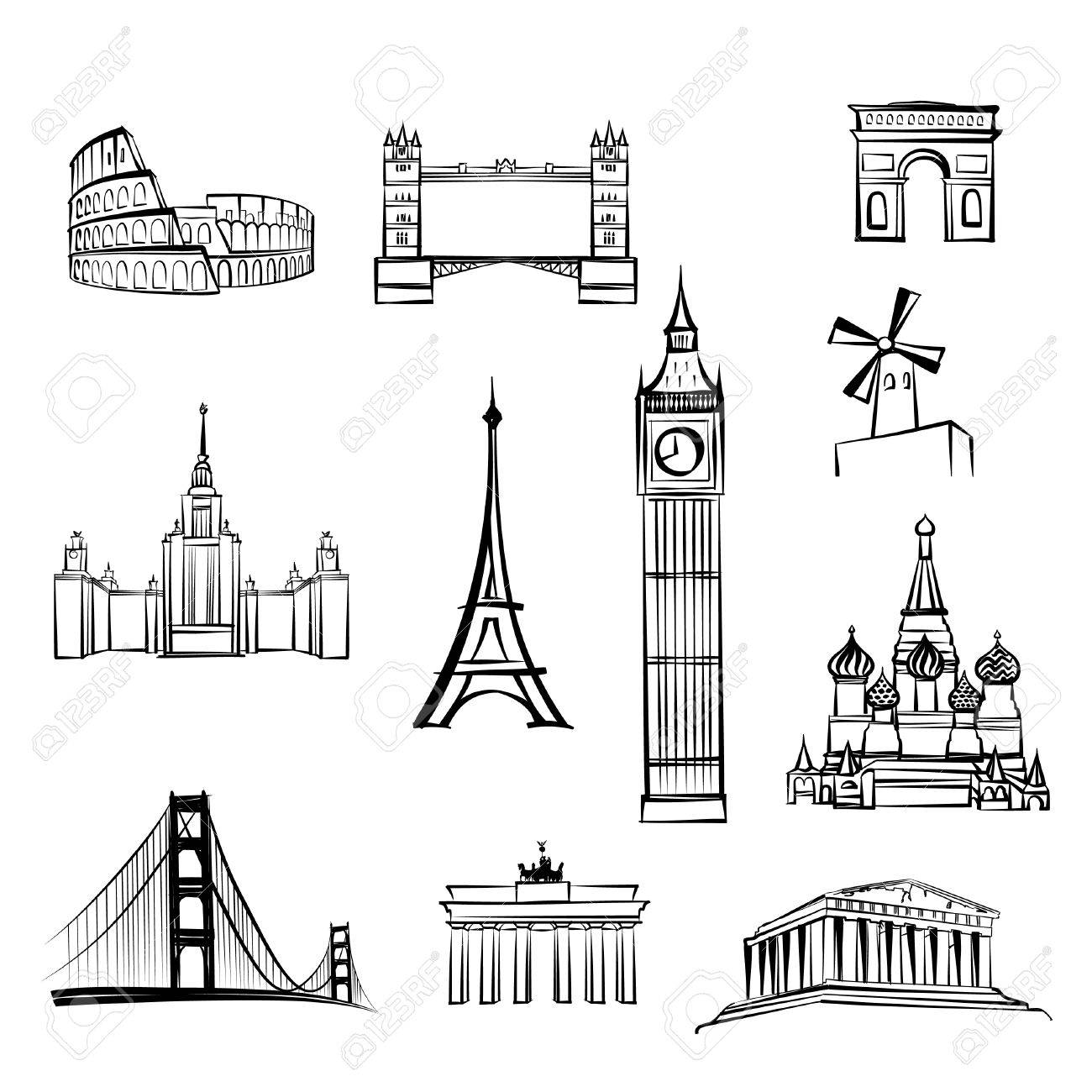world tourist attractions symbols World famous city landmarks Travel icon set Doodle engraved sightseeings of London, Rome, Berlin, Athens, Moscow, San Francisco, Paris. - 58635351 world tourist attractions symbols World famous city landmarks Travel icon set Doodle engraved sightseeings of London, Rome, Berlin, Athens, Moscow, San Francisco, Paris. - 58635351