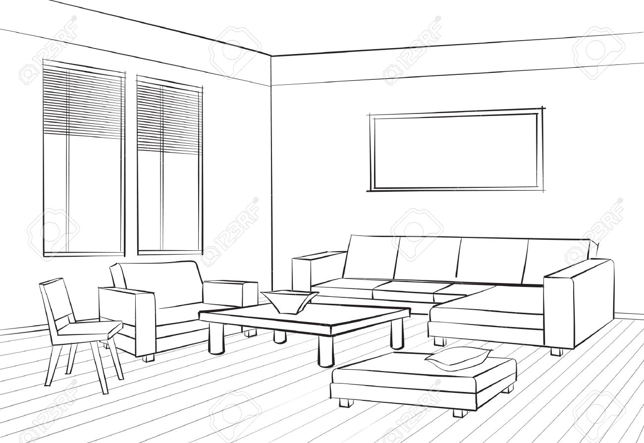 Vectorielle À La CanapéFauteuilTableSalon Design DessinGrave Illustration Meubles Accueil Inter Dessin Main Avec ordCxBWQeE