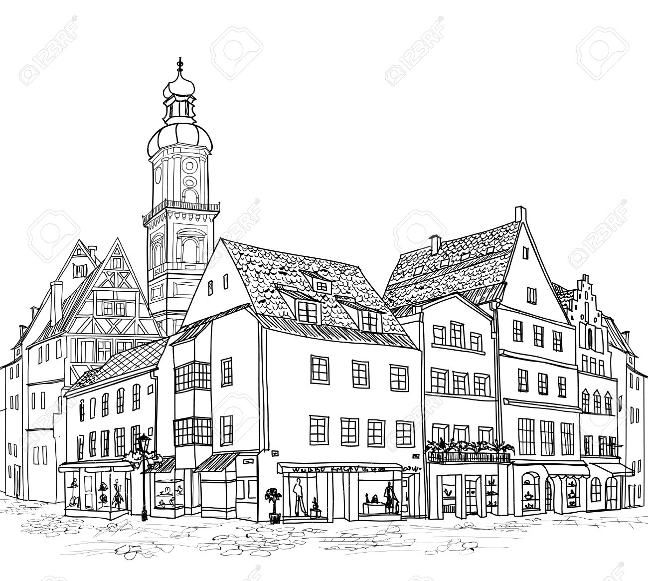 Street With Old Buildings And Cafe In Old City Cityscape Houses Buildings And Tree On Alleyway Old City View Medieval European Castle Landscape Urban Landscape Illustration Pencil Drawn Vector Sketch Royalty