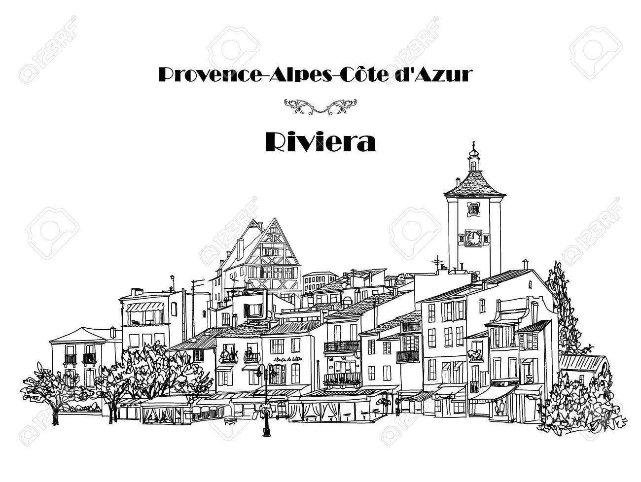 背景に 城の旧市街ビュー 中世ヨーロッパの古城の風景です 鉛筆描きの背景スケッチ のイラスト素材 ベクタ Image