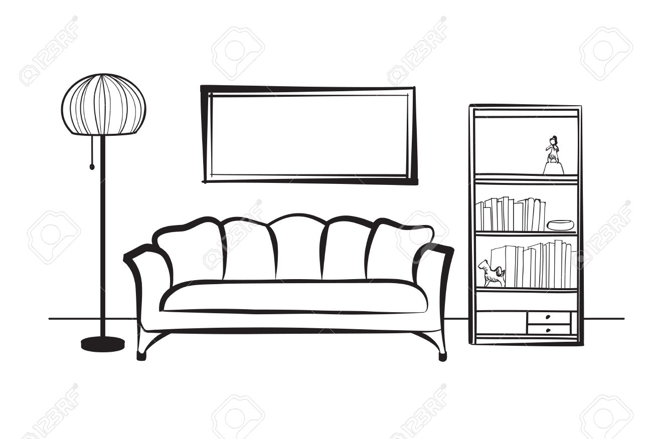 Interior furniture with sofa, floor lamp, book shelf, books and picture on the wall. Living room hnd drawing design. - 58636073 Interior furniture with sofa, floor lamp, book shelf, books and picture on the wall. Living room hnd drawing design. - 58636073