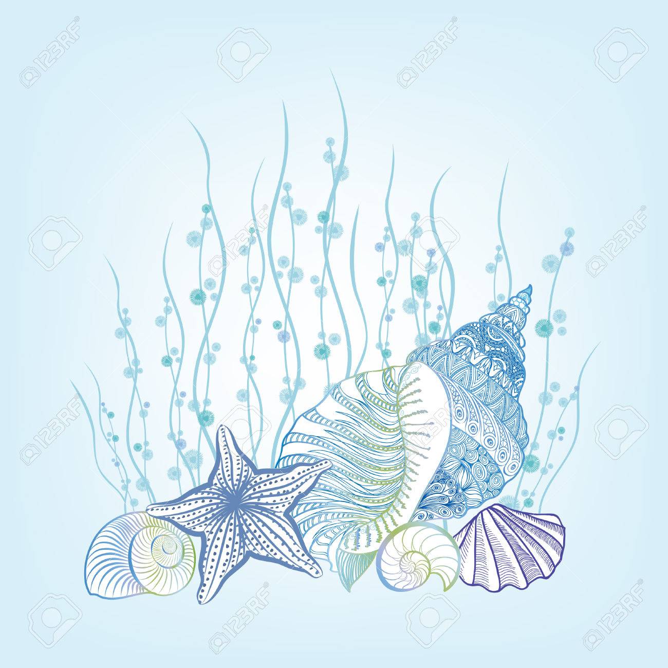 SeaShell background Summer Holiday Concept. Vector Background with Seashells, Sea Star and Sand. Hand Drawn Etching Style Underwater Marine life stillife - 59225292 SeaShell background Summer Holiday Concept. Vector Background with Seashells, Sea Star and Sand. Hand Drawn Etching Style Underwater Marine life stillife - 59225292