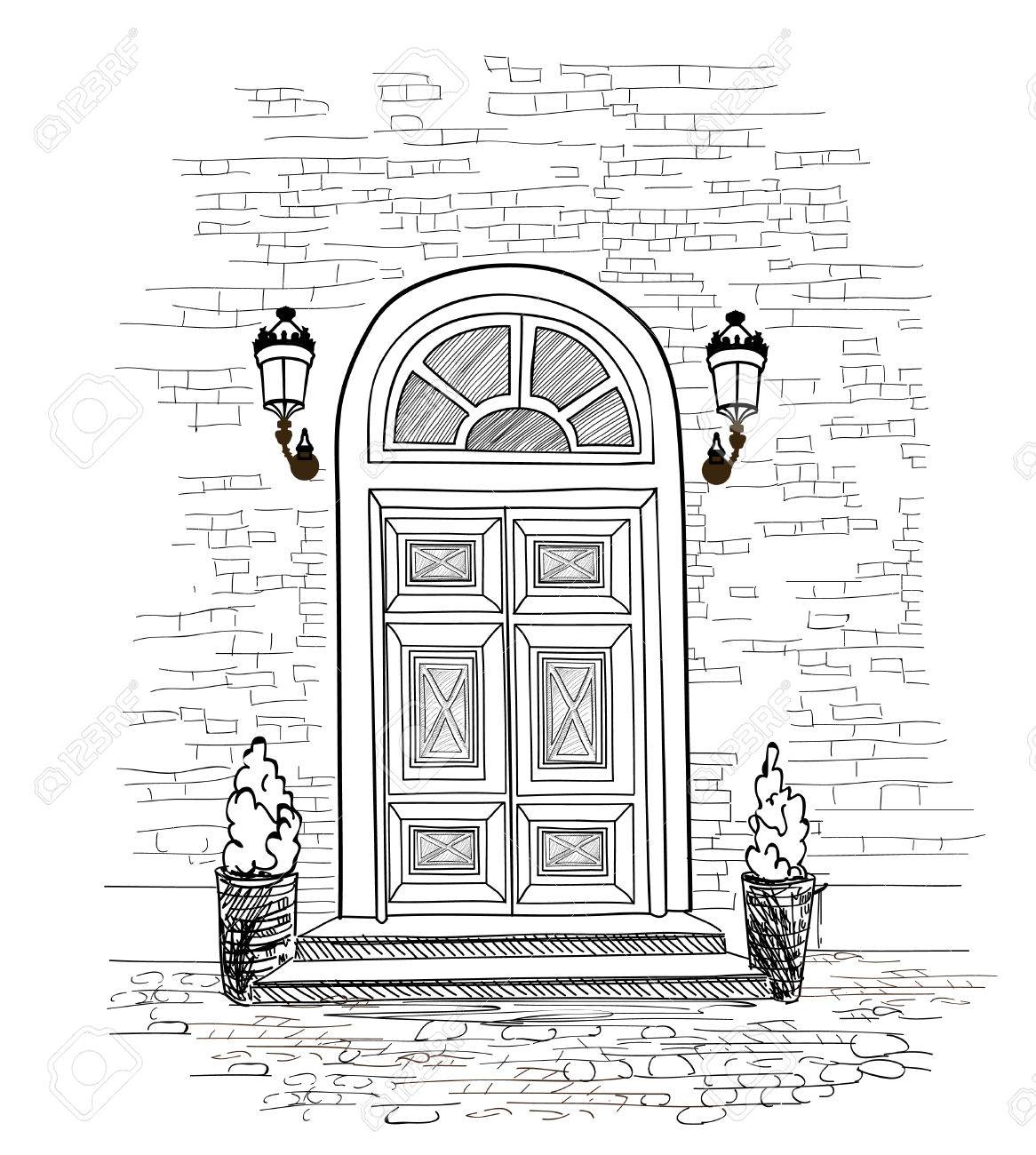 Door background. House door entrance hand drawing illustration - 60824816 Door background. House door entrance hand drawing illustration - 60824816