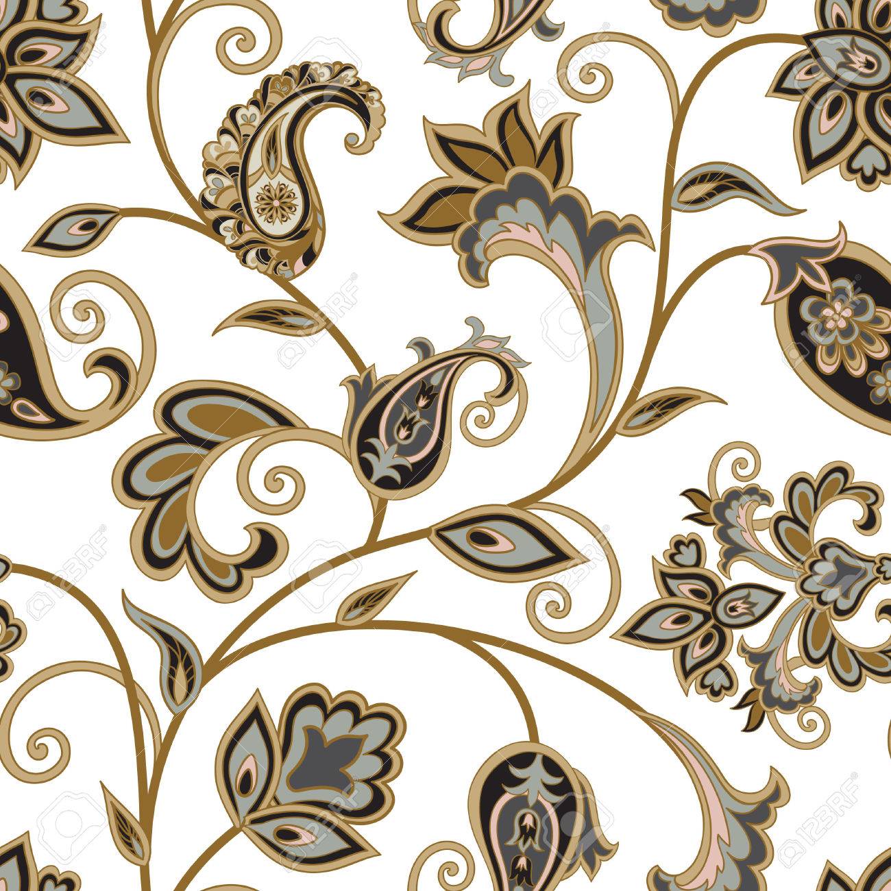 Flourish tiled pattern. Floral oriental ethnic background. Arabic ornament with fantastic flowers and leaves. Wonderland motives of the paintings of ancient Indian fabric patterns. - 64084316 Flourish tiled pattern. Floral oriental ethnic background. Arabic ornament with fantastic flowers and leaves. Wonderland motives of the paintings of ancient Indian fabric patterns. - 64084316