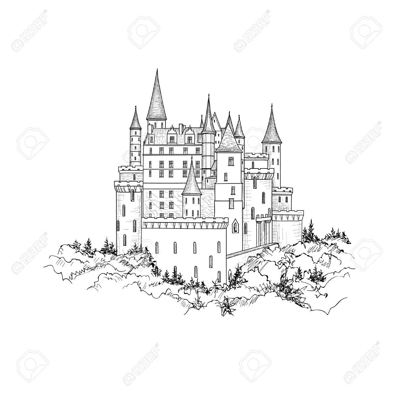 Berühmte Schloss-Landschaft. Reise-Hintergrund. Schloss Gebäude Auf Dem  Hügel Skyline Ätzen. Hand Gezeichnete Skizze Lizenzfrei Nutzbare  Vektorgrafiken, Clip Arts, Illustrationen. Image 69902448.
