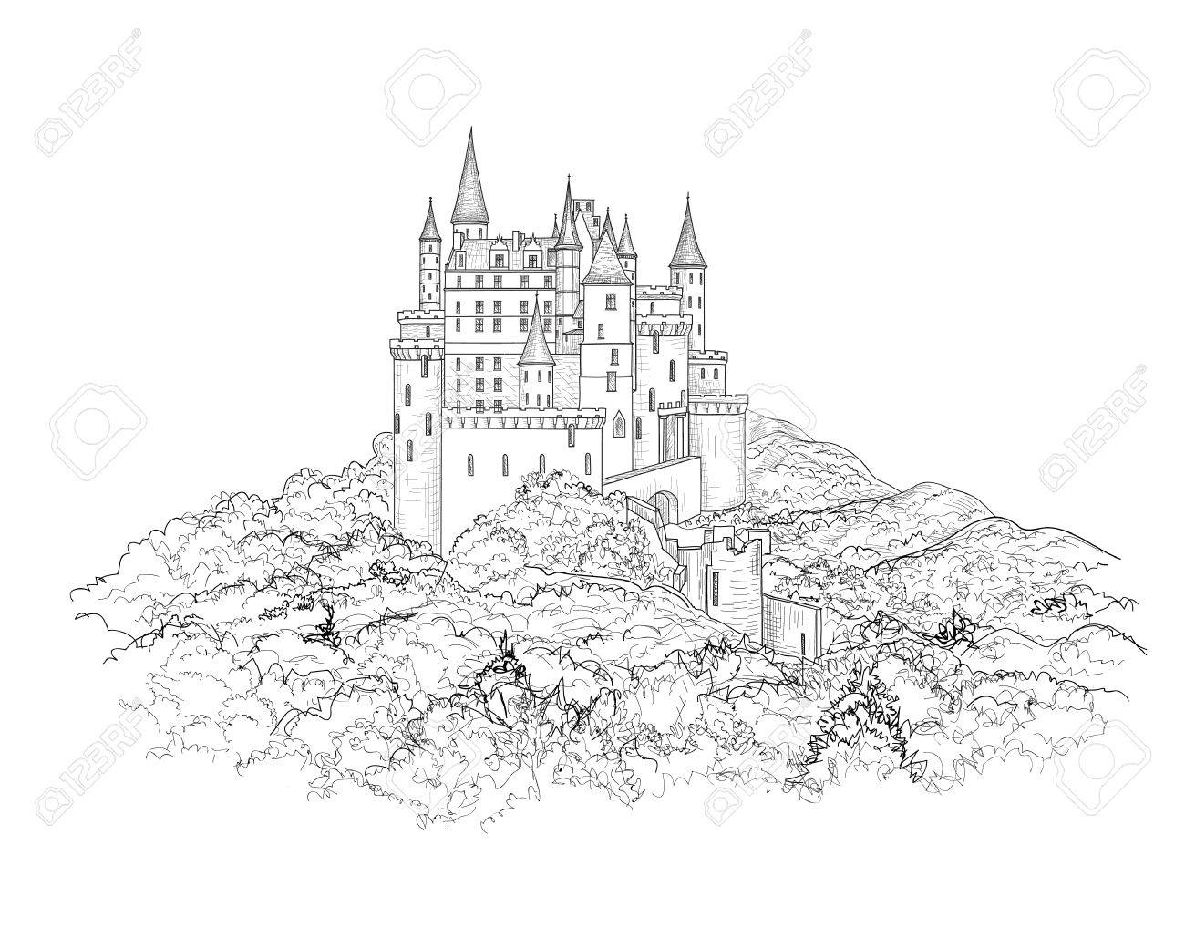 Berühmte Französisch Schloss-Landschaft. Travel Frankreich Hintergrund.  Schloss Gebäude Auf Dem Hügel Skyline Ätzen. Hand Gezeichnete Skizze  Abbildung. Lizenzfrei Nutzbare Vektorgrafiken, Clip Arts, Illustrationen.  Image 69902460.