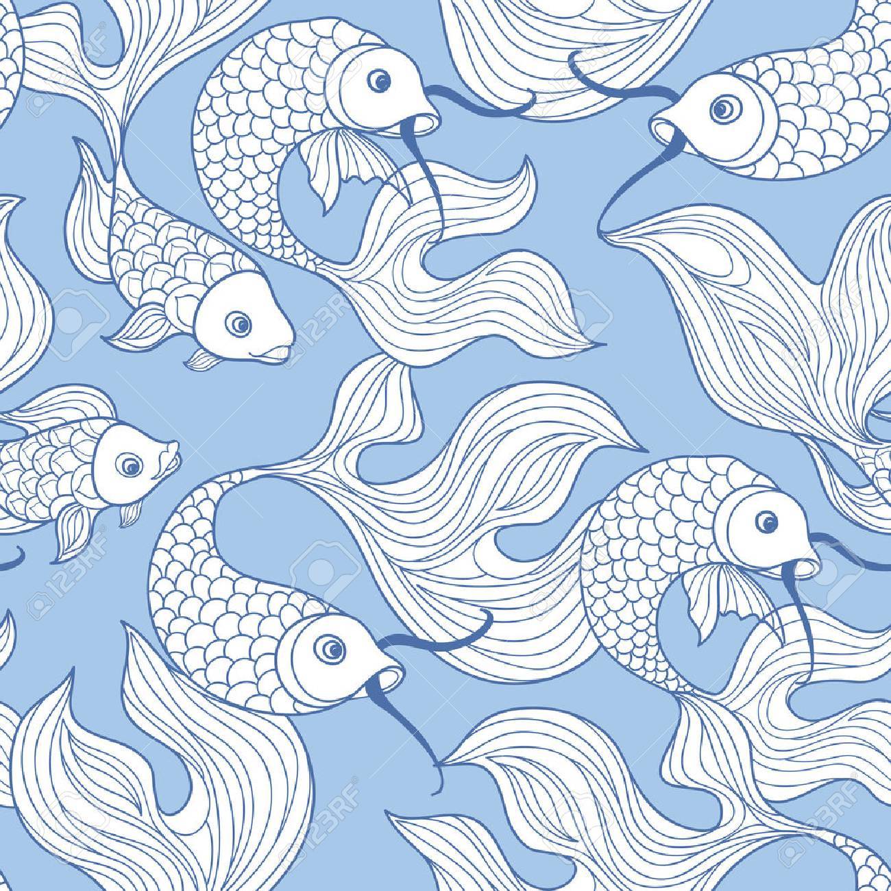 白い背景で隔離の魚 レトロな中国スタイルで水中の海洋生物のライン アート シームレスなパターンを落書き のイラスト素材 ベクタ Image