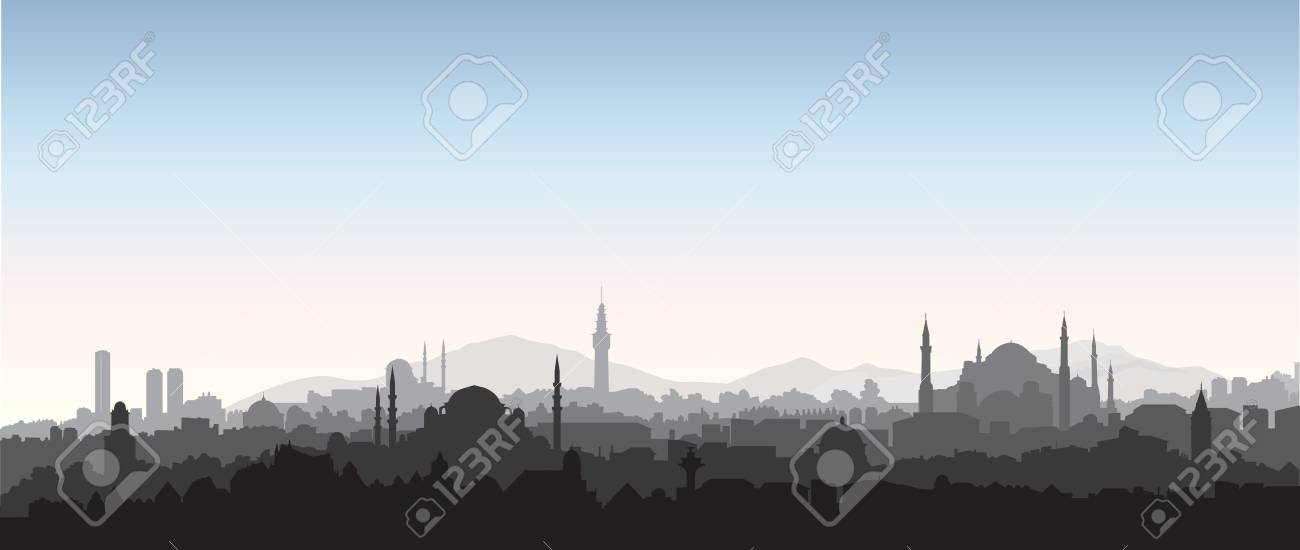 イスタンブール市内のスカイライン 旅行トルコの背景 都会のパノラマビュー 有名な建物のシルエットと街並み のイラスト素材 ベクタ Image