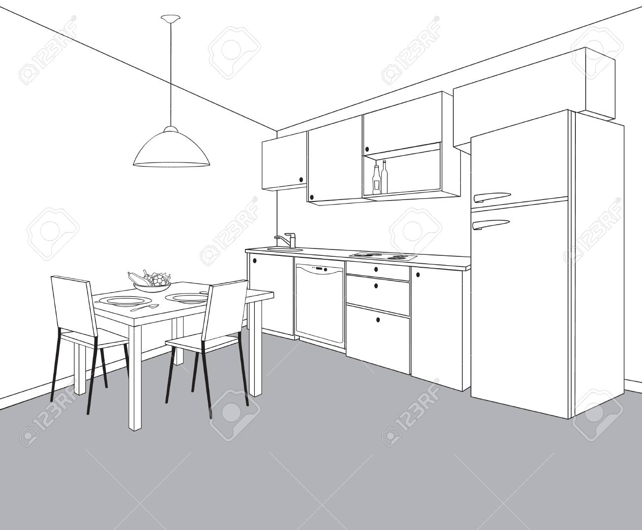Interior Sketch Of Kitchen Room. Outline Blueprint Design Of Kitchen With  Modern Furniture And Dining Table Royalty Free SVG, Cliparts, Vectors, and  Stock Illustration. Image 103581081., image size:1300x1073