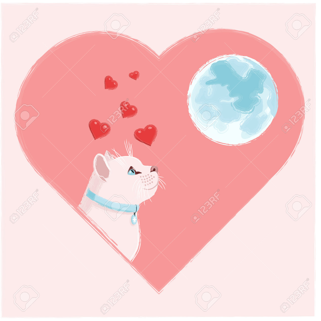 恋猫 ピンクの背景にバレンタインデーの月を見ている恋猫のイラスト。のイラスト素材・ベクター Image 197152301