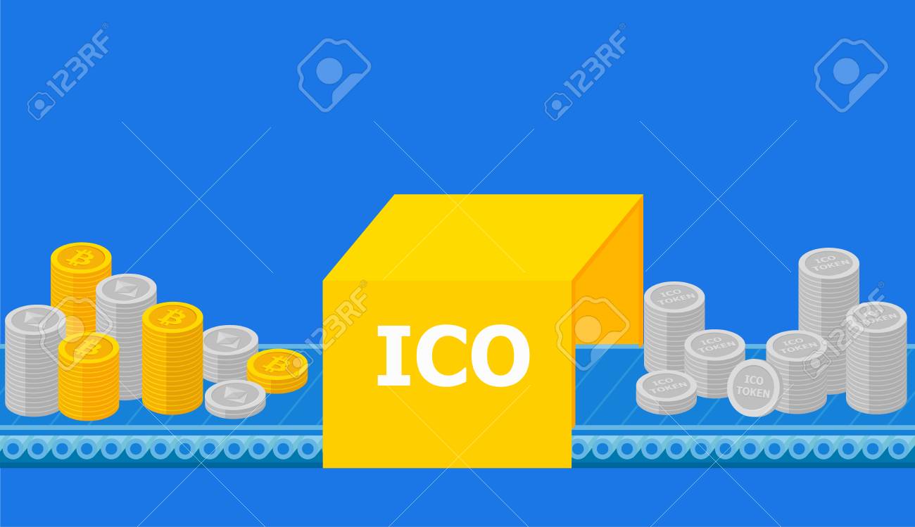초기 코인 제공, ICO 토큰 생산 프로세스 연구, 암호 화폐 투자. 비트 코인, 이더 리움과 교환하여 토큰 판매. IT 스타트 업  크라우드 펀딩. 벡터 일러스트 레이 션 로열티 무료 사진, 그림, 이미지